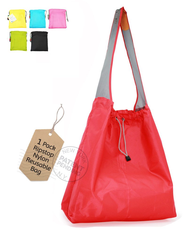 EcoJeannie 1 Pack Large Super Strong Ripstop Nylon Foldable Reusable Shopping Bag, Travel Bag, Beach Bag, Grocery Tote w/Pouch & Inner Pocket, Draw-String, Reinforced Handle-1195