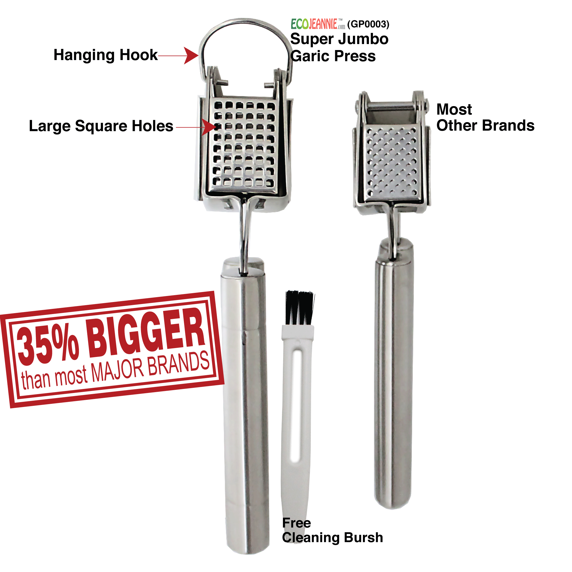 EcoJeannie Professional XL Garlic Press, Stainless Steel (Big Square Holes), GP0003-1551