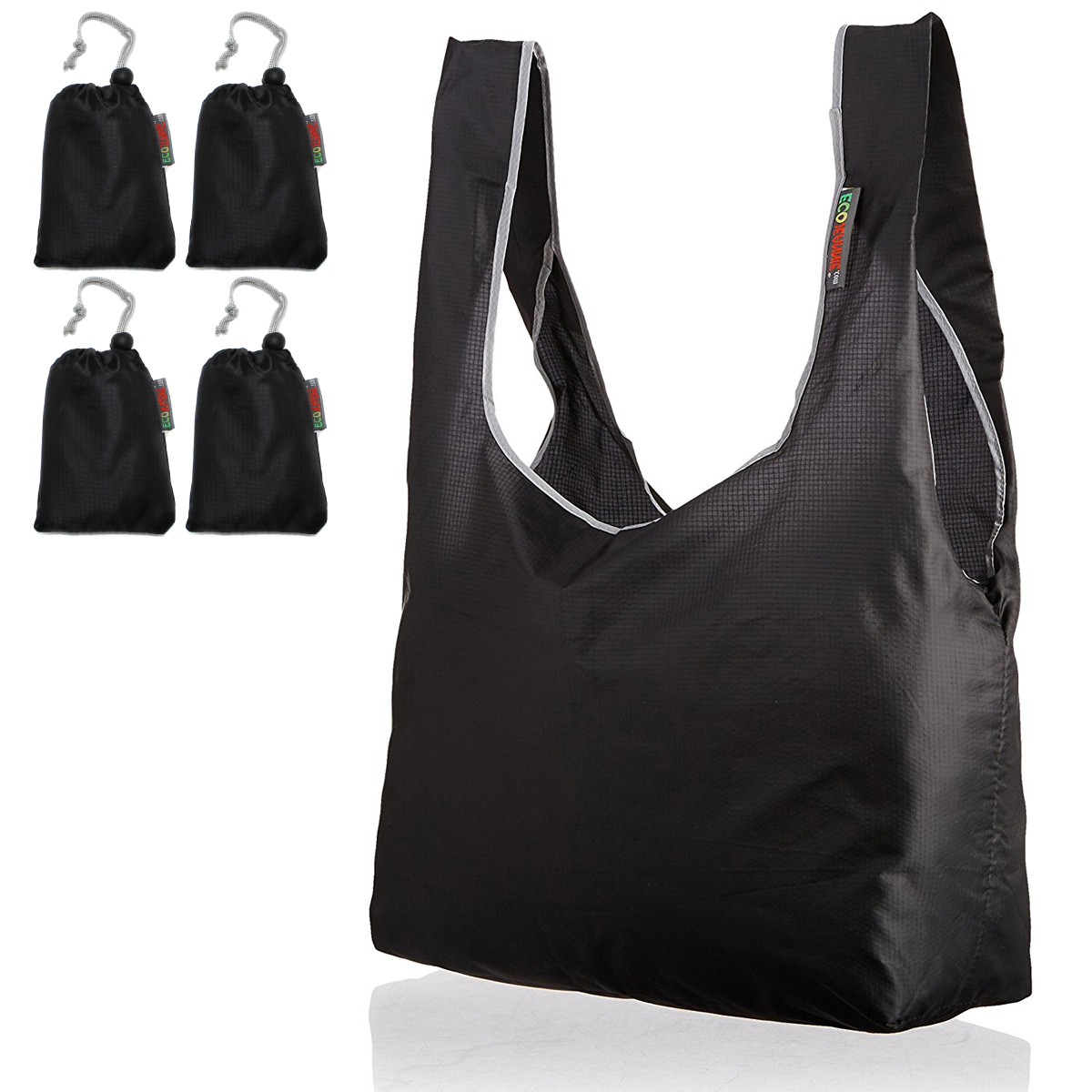 EcoJeannie Ripstop Nylon Reusable Shopping Tote Bag, 4 Packs-Gray, Navy, Mustard, Wine-1691
