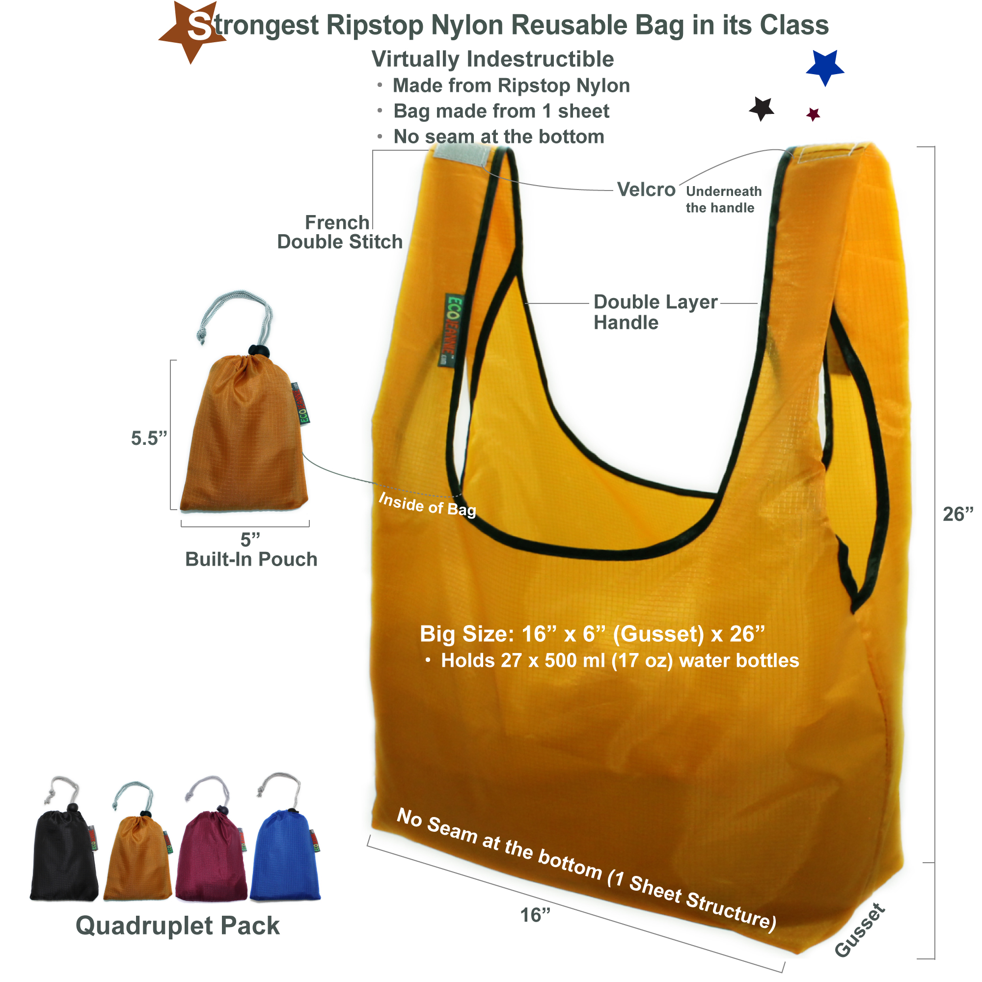 EcoJeannie Ripstop Nylon Reusable Shopping Tote Bag, 4 Packs-Gray, Navy, Mustard, Wine-1694