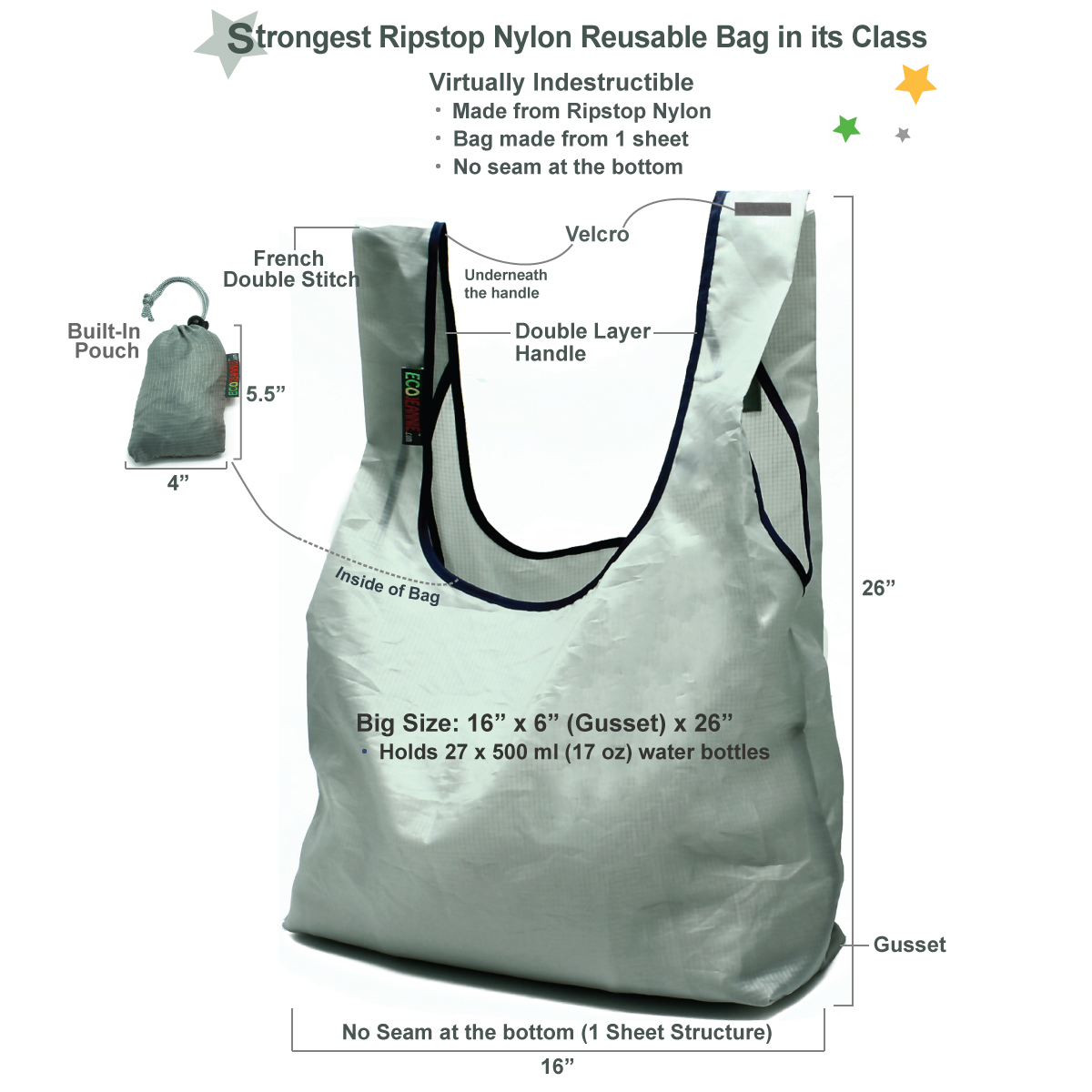 EcoJeannie Ripstop Nylon Reusable Shopping Tote Bag, 3 Packs-1671