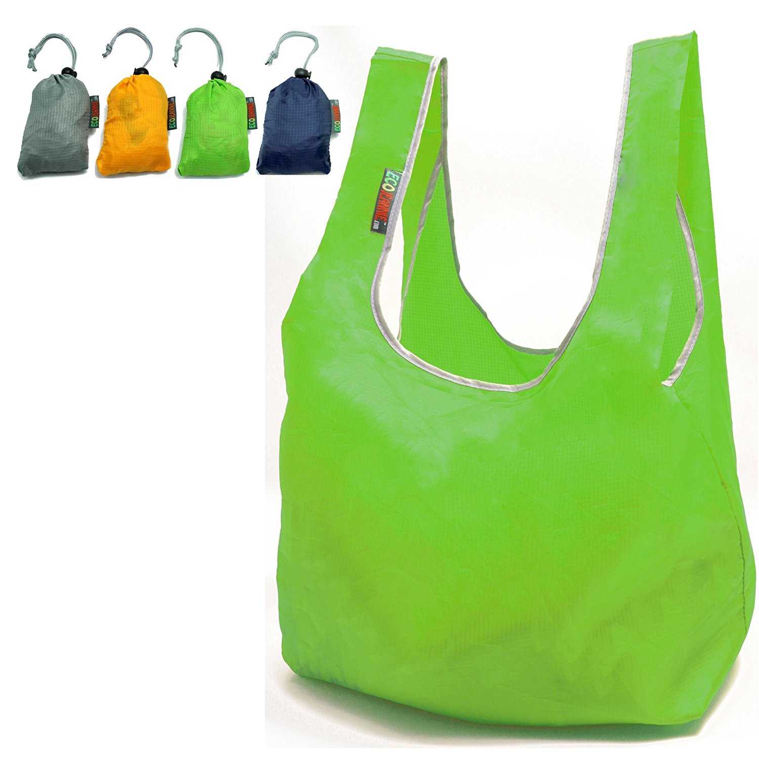 EcoJeannie Ripstop Nylon Reusable Shopping Tote Bag, 4 Packs-Gray, Navy, Mustard, Wine-1688