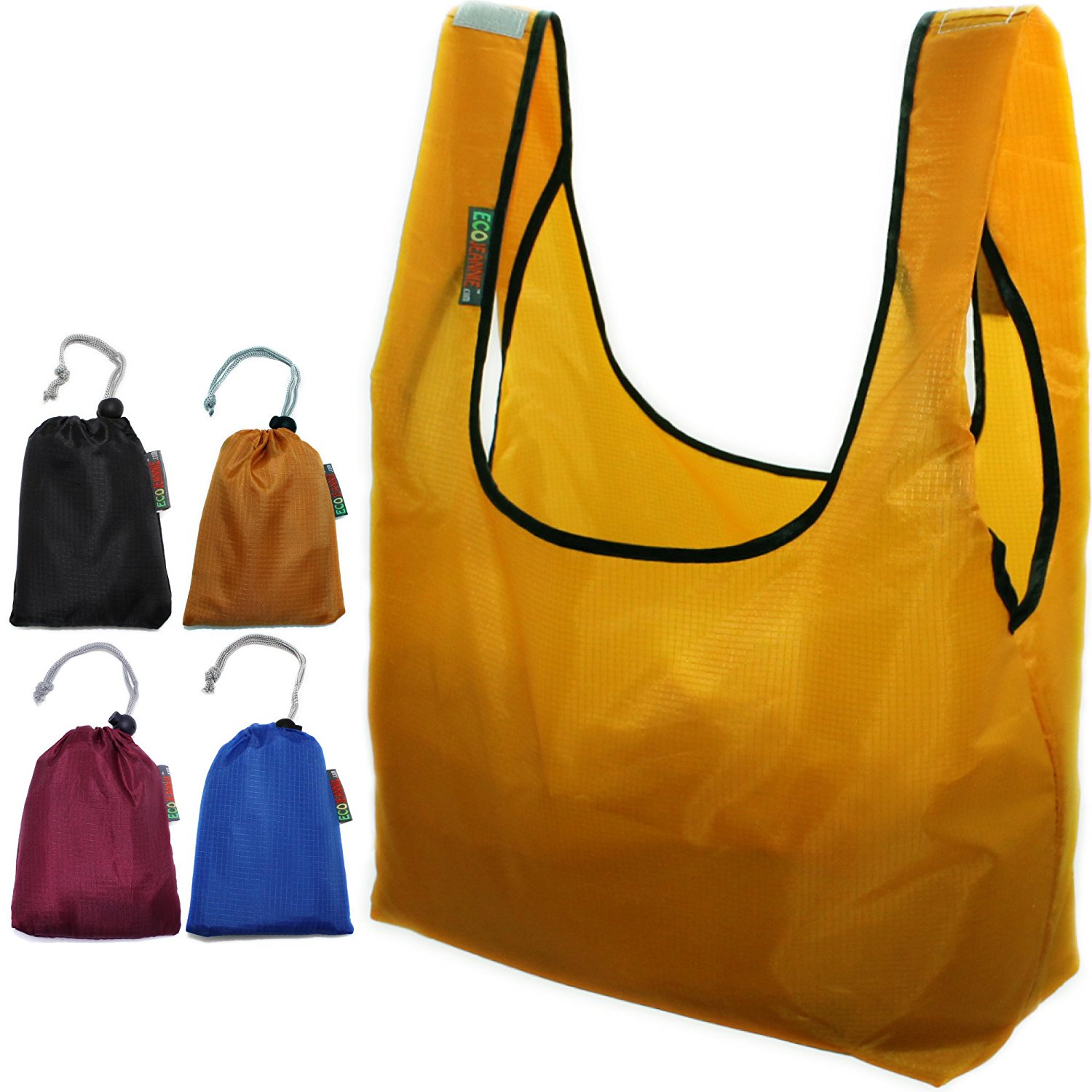 EcoJeannie Ripstop Nylon Reusable Shopping Tote Bag, 4 Packs-Gray, Navy, Mustard, Wine-1689