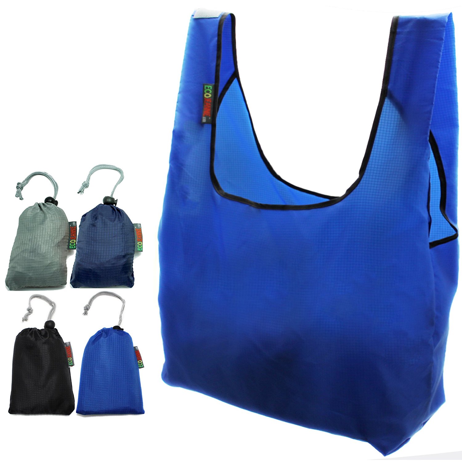 EcoJeannie Ripstop Nylon Reusable Shopping Tote Bag, 4 Packs-Gray, Navy, Mustard, Wine-1696