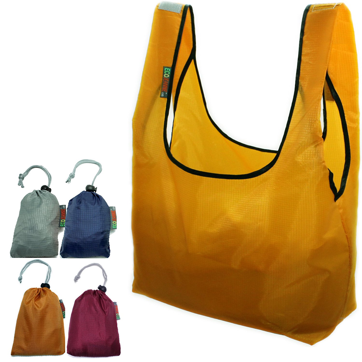 EcoJeannie Ripstop Nylon Reusable Shopping Tote Bag, 4 Packs-Gray, Navy, Mustard, Wine-1695