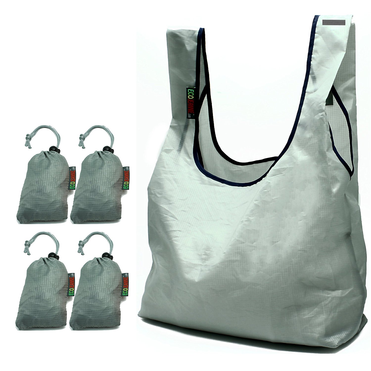 EcoJeannie Ripstop Nylon Reusable Shopping Tote Bag, 4 Packs-Gray, Navy, Mustard, Wine-1690