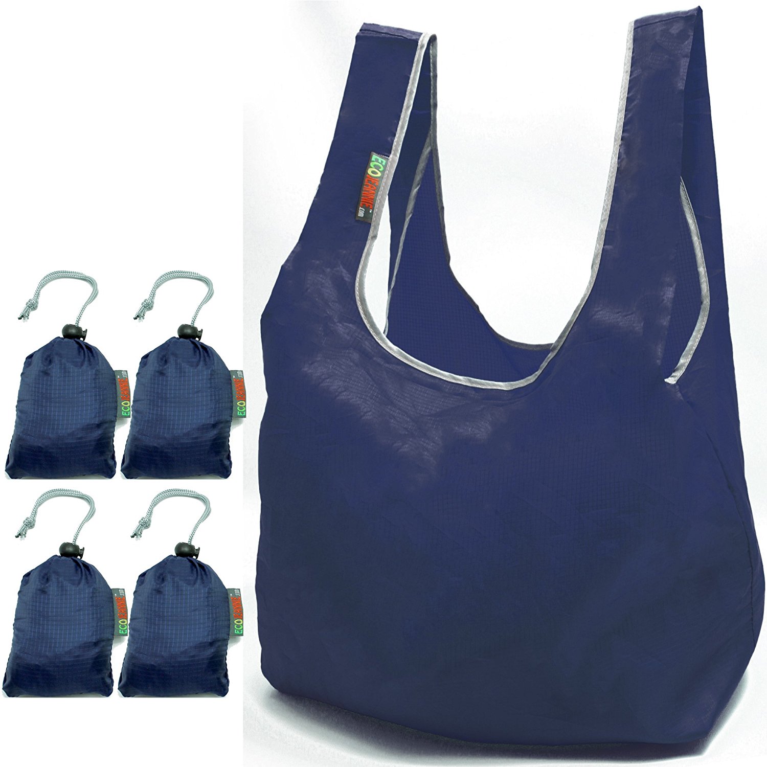 EcoJeannie Ripstop Nylon Reusable Shopping Tote Bag, 4 Packs-Gray, Navy, Mustard, Wine-1692