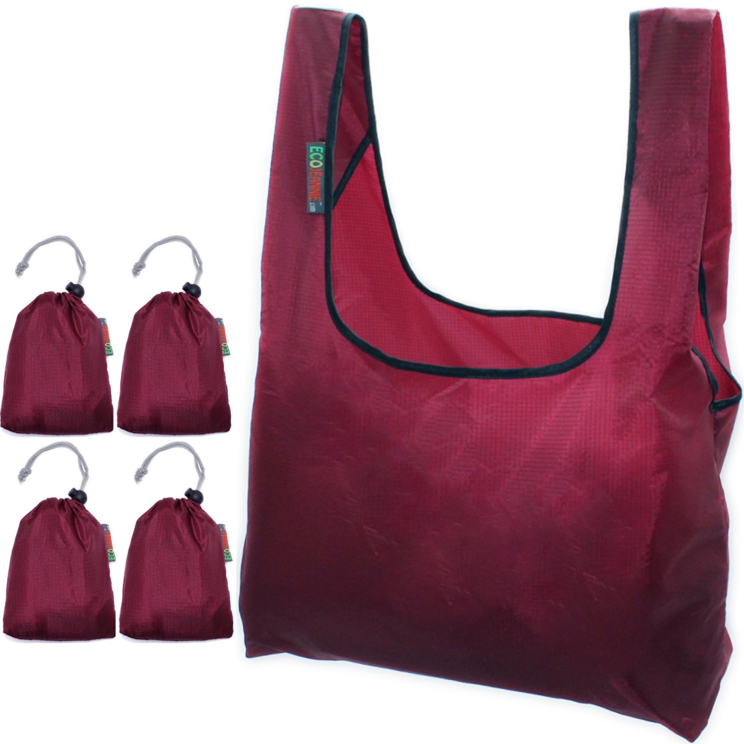 EcoJeannie Ripstop Nylon Reusable Shopping Tote Bag, 4 Packs-Gray, Navy, Mustard, Wine-1693